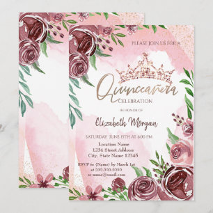 Burgundy Roses Crown Quinceañera  Invitation