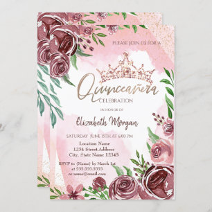 Burgundy Roses Crown Quinceañera  Invitation