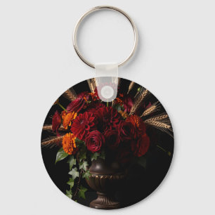 Burgundy Roses Dahlia Wheat Floral Still Life Key Ring