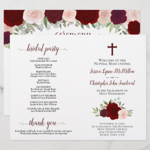 Burgundy Roses DIY Fold Catholic Wedding Program