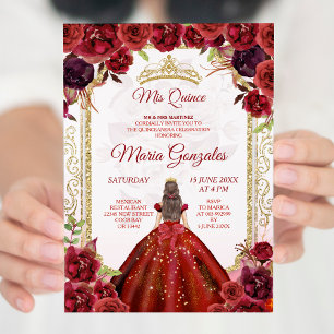Burgundy Roses & Dress Girl Charra Mis Quince Invitation