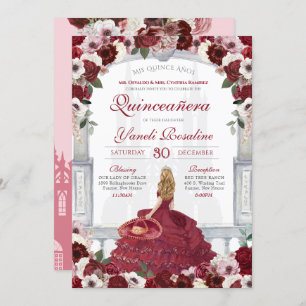 Burgundy Roses Elegant Charro Princess Quinceañera Invitation