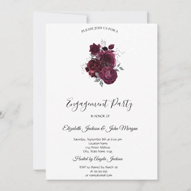 Burgundy Roses Engagement  Invitation (Front)