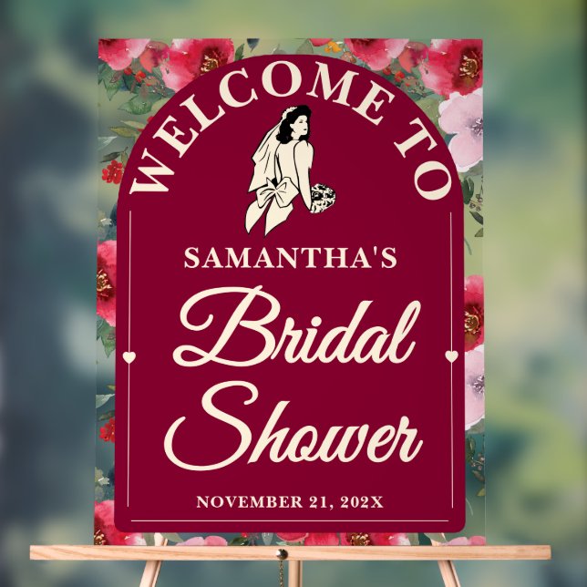 Burgundy Roses Fall Bridal Shower Welcome Acrylic Sign (Neutral)