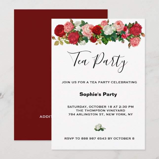 Burgundy Roses Floral Garland Flower Tea Party Invitation (Front/Back)
