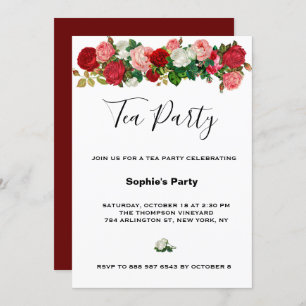 Burgundy Roses Floral Garland Flower Tea Party Invitation