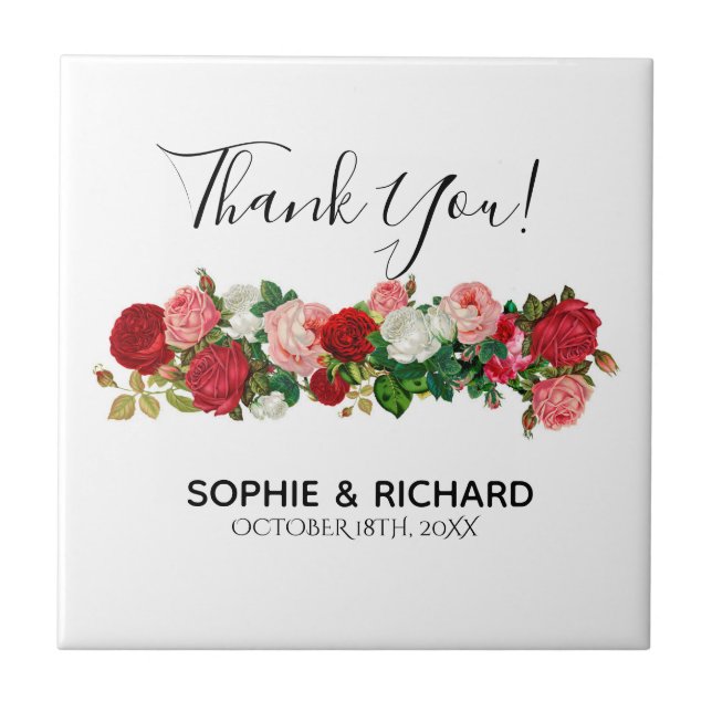 BURGUNDY ROSES FLORAL GARLAND FLOWER THANK YOU TILE (Front)
