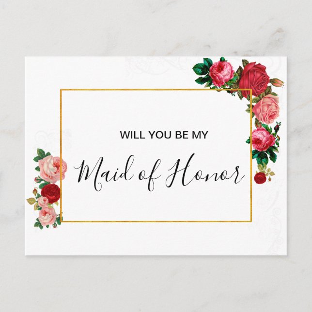 Burgundy Roses Floral Garland Maid of Honour Invitation Postcard (Front)