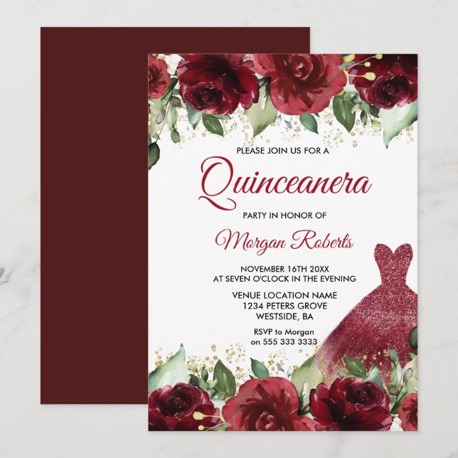 Burgundy Roses Floral Gown Quinceanera Party Invitation (Front/Back)