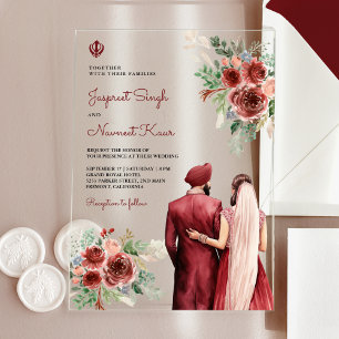 Burgundy Roses Floral Indian Punjabi Sikh Wedding Acrylic Invitations