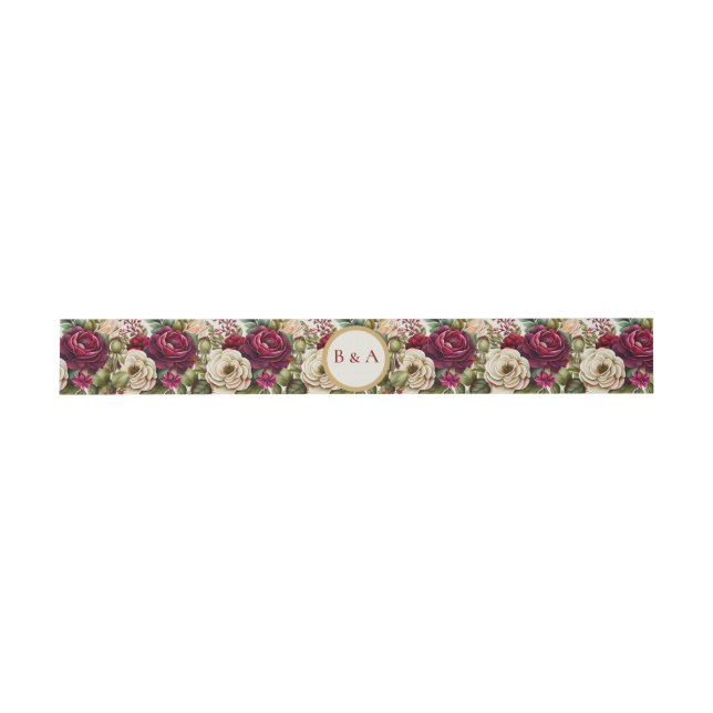 Burgundy Roses Floral Monogram Wedding Belly Band Invitation Belly Band (Flat)