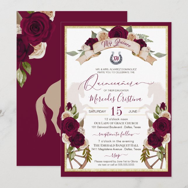 Burgundy Roses Floral Western Charro Quinceanera Invitation (Front/Back)