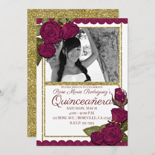 Burgundy Roses Glitter Quinceañera Birthday Party Invitation