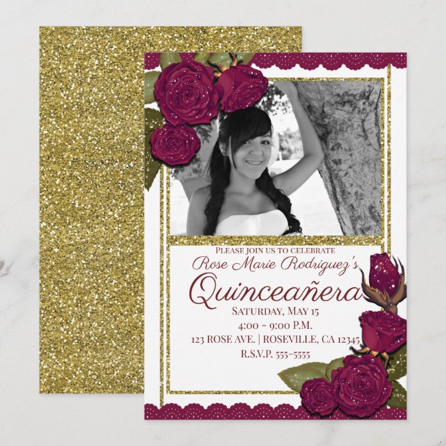 Burgundy Roses Glitter Quinceañera Birthday Party Invitation (Front/Back)
