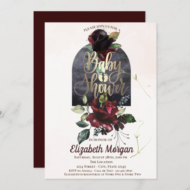 Burgundy Roses Gold Baby Shower Invitation (Front/Back)