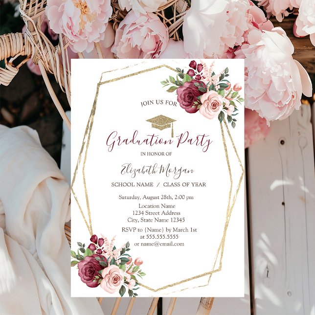 Burgundy Roses,Grad Cap,Graduation  Invitation (Creator Uploaded)
