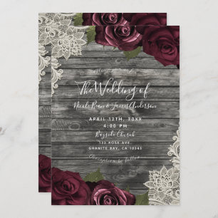 Burgundy Roses Grey Wood Cream Lace Wedding  Invitation