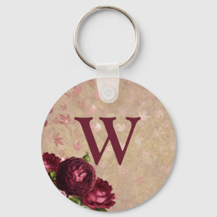 Burgundy Roses Initial Monogram Key Chain