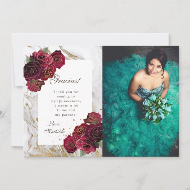 Burgundy Roses Marble Quinceanera Thank You Card (Front)