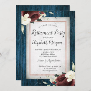 Burgundy Roses,Navy Blue Wood Retirement Invitation