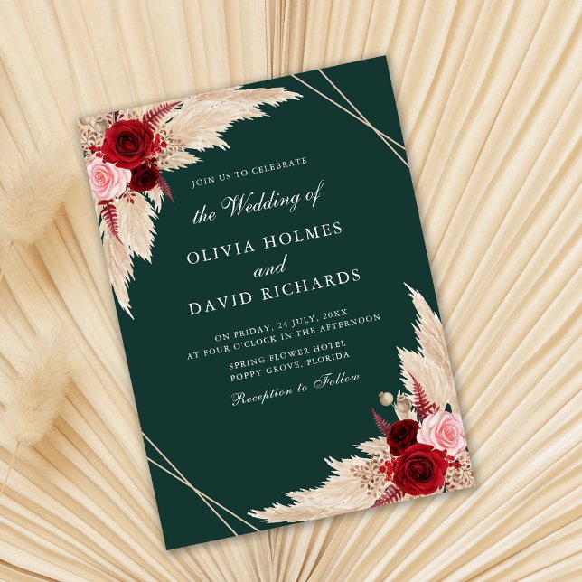 Burgundy Roses on Emerald Green Wedding Invitation (Creator Uploaded)