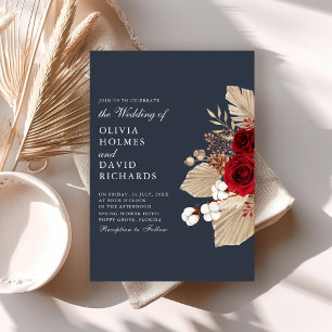 Burgundy Roses on Midnight Blue Wedding Invitation