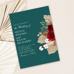 Burgundy Roses on Teal Wedding Invitation
