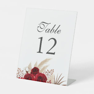 Burgundy Roses & Pampas Grass Table Number Pedestal Sign