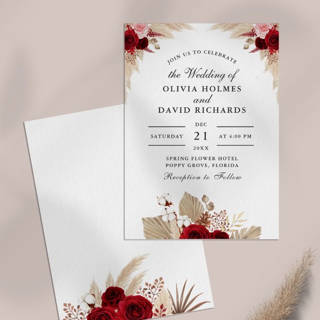 Burgundy Roses & Pampas Grass Wedding Invitation (Tropical Rose Garden Wedding Invitation on a table)