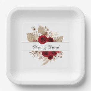 Burgundy Roses & Pampas Grass Wedding Paper Plate