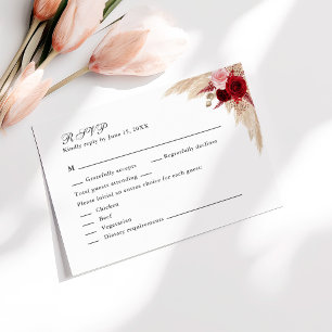 Burgundy Roses Pampas Grass Wedding RSVP Thank You Card