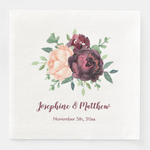 Burgundy Roses Peach Peony Bouquet Wedding Napkins