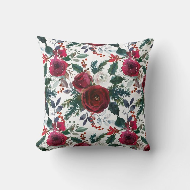 Burgundy Roses, Pine, Holly Christmas Floral Cushion (Front)