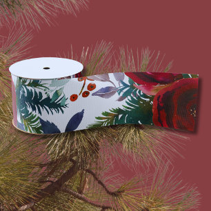 Burgundy Roses, Pine, Holly Christmas Floral Grosgrain Ribbon