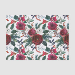 Burgundy Roses, Pine, Holly Christmas Floral Tissue Paper