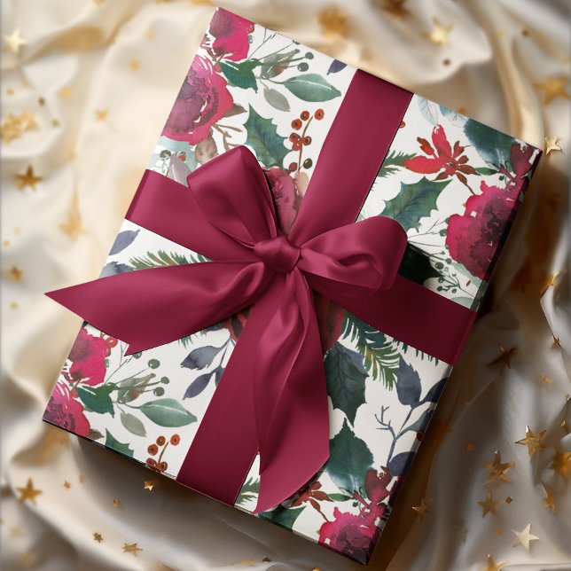 Burgundy Roses, Pine, Holly Christmas Floral Wrapping Paper (Creator Uploaded)