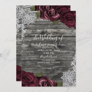 Burgundy Roses Rustic Grey Wood Lace Wedding Invitation