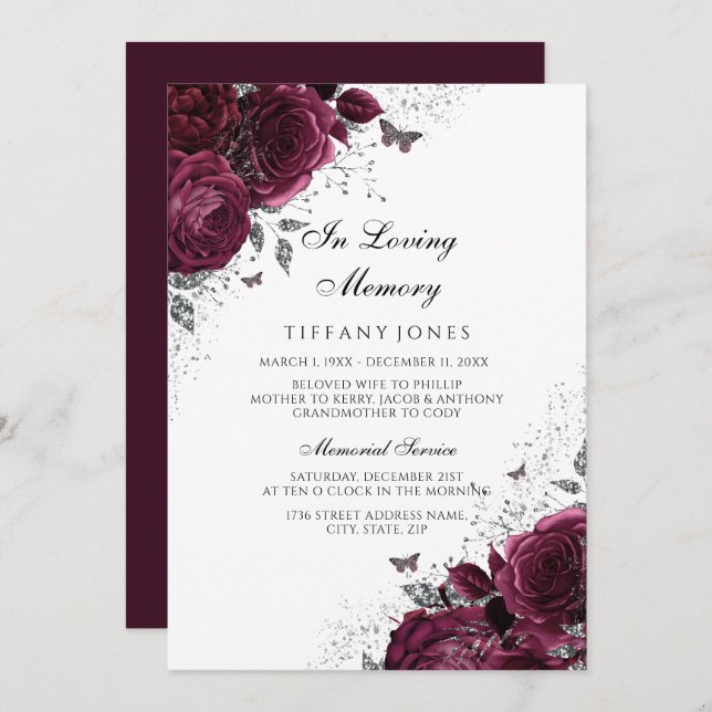 Burgundy Roses Silver Memorial Funeral Service Invitation (Front/Back)