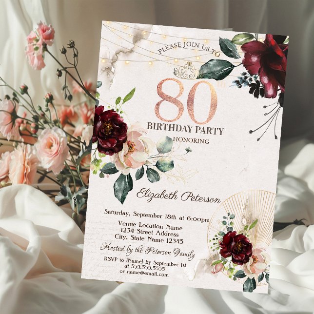 Burgundy Roses String Lights 80th Birthday Invitation (Creator Uploaded)