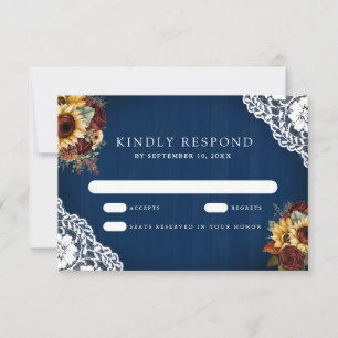 Burgundy Roses Sunflower Navy Blue Lace Wedding RSVP Card