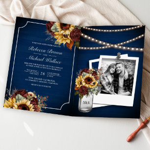 Burgundy Roses Sunflower Navy Blue QR Code Wedding Invitation