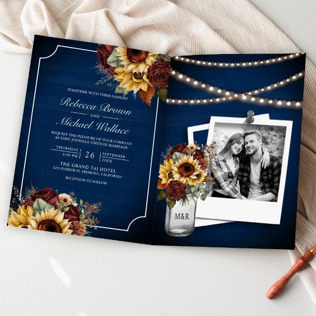 Burgundy Roses Sunflower Navy Blue QR Code Wedding Invitation (Creator Uploaded)
