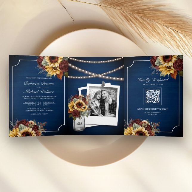 Burgundy Roses Sunflower Navy Blue QR Code Wedding Tri-Fold Invitation (Creator Uploaded)