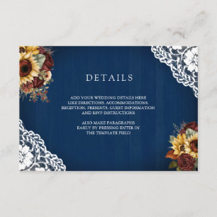 Burgundy Roses Sunflower Navy Lace Wedding Details Enclosure Card