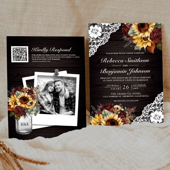 Burgundy Roses Sunflower Wood Lace QR Code Wedding Invitation (Creator Uploaded)