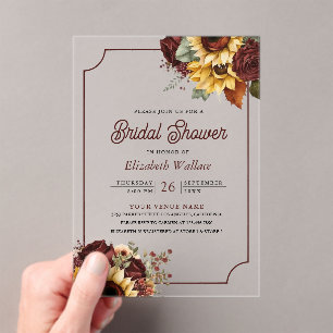 Burgundy Roses Sunflowers Bridal Shower Acrylic Invitations