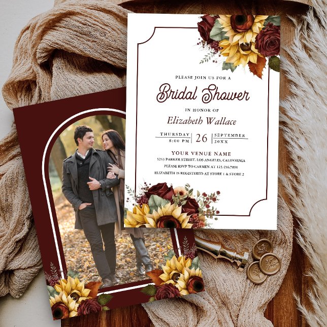 Burgundy Roses Sunflowers Photo Bridal Shower Invitation (Creator Uploaded)