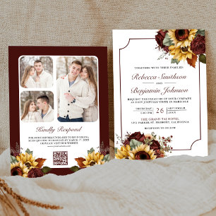 Burgundy Roses Sunflowers Photo QR Code Wedding Invitation