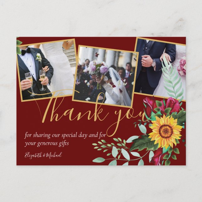 Burgundy Roses Sunflowers PHOTO Thank You Postcard (Front)