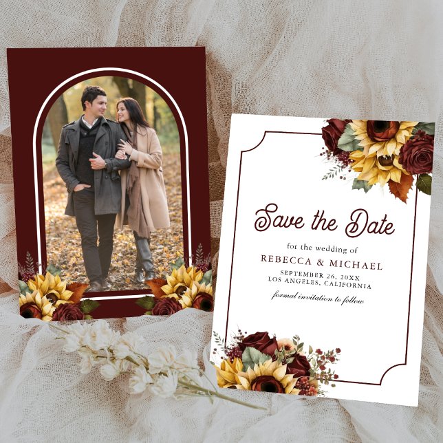 Burgundy Roses Sunflowers Photo Wedding Save The Date (Creator Uploaded)